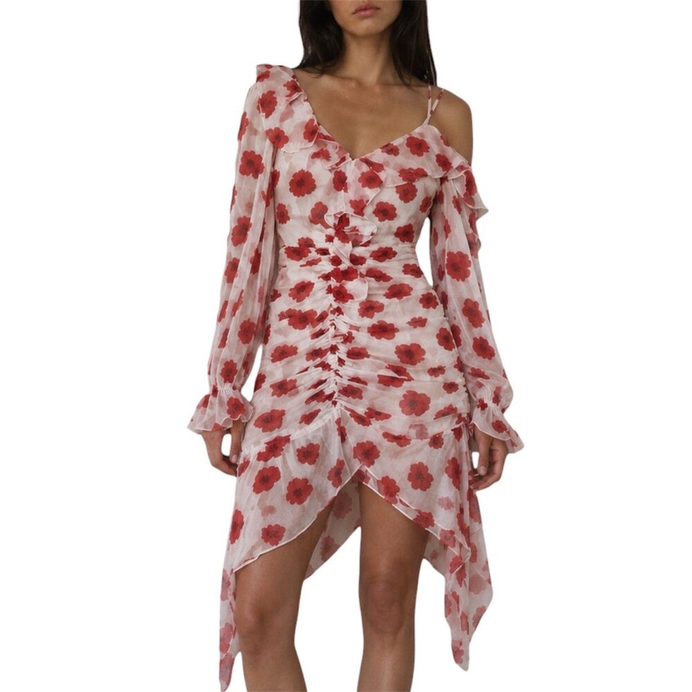 Melloday Red Poppy Floral One Shoulder Long Sleeve Chiffon Dress NWT Size L